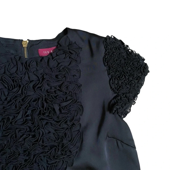 Ted Baker Black Ruffled Satin Mini Dress Shift Cocktail Tunic Style Size 0 - Picture 6 of 11